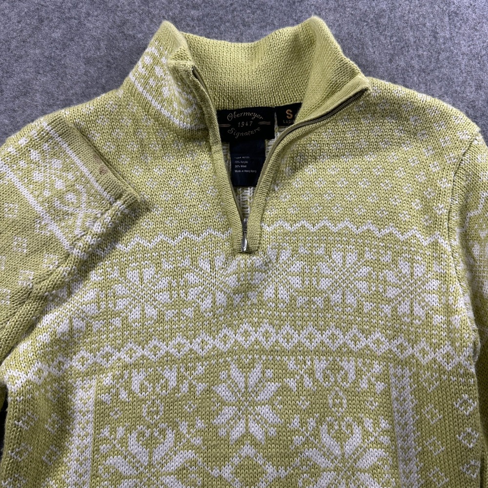 Obermeyer Signature Sweater Ladies Small Lime Green Fair Isle Wool Blend 1/4 Zip